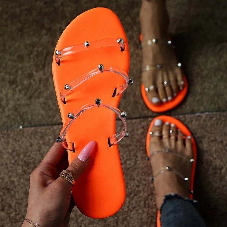 

Summer flip flops candy color flat transparent rivet slippers large size women solid-colors shoes fashion street trends, Pictures