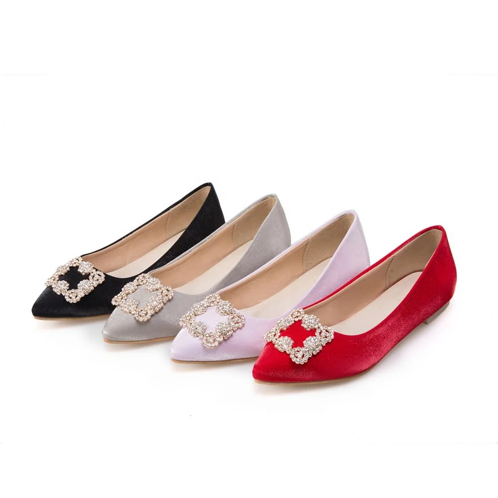 

Lasted design ladies soft flat shoes sparkle rhinestone buckle dress flat shoes, Red black pink grey