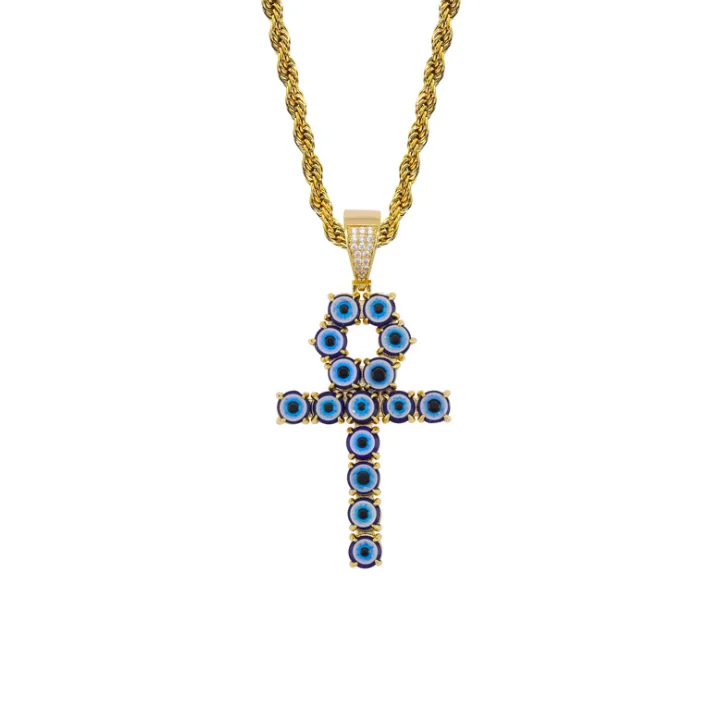

Jialin jewelry ins hiphop iced out cz zircon diamond Egypt key of life Turkish blue eyes ankh cross pendant necklaces