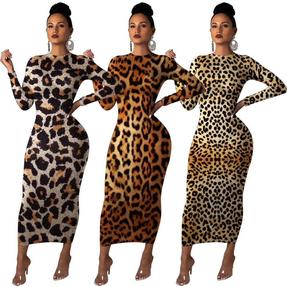 

Leopard Print Long Sleeve Dresses Women Elegant African Sexy Dress, Leopard/brown/black/yellow/gray