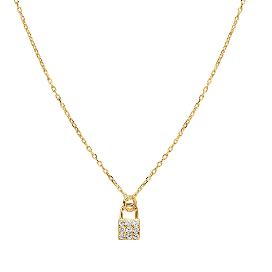 

Luxury Band 925 Sterling Silver Lock Necklace 14K Gold Plated Cubic Zircon Tiny Lock Pendant Necklace