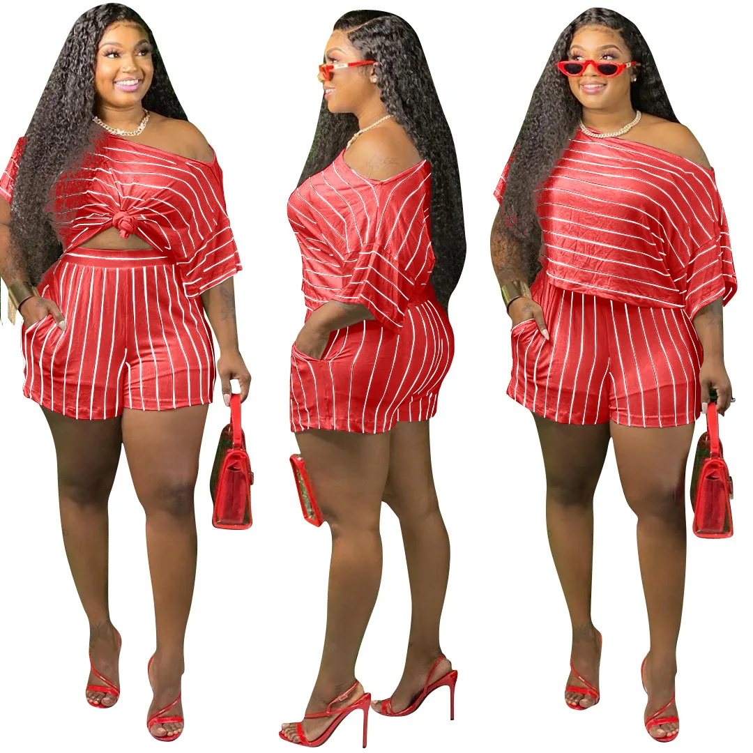 

ORXM1131 women summer clothing off shoulder crop top casual wear striped plus size two piece short set, White, red, dark blue