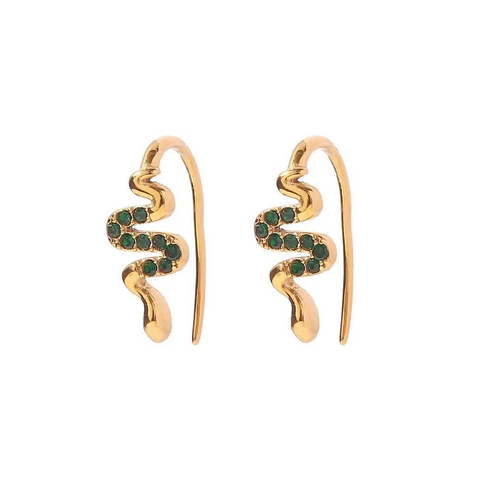 Dainty Threader Snake Green Zircon Chic 18K PVD Gold Plated Stainless Steel Pendant Earrings