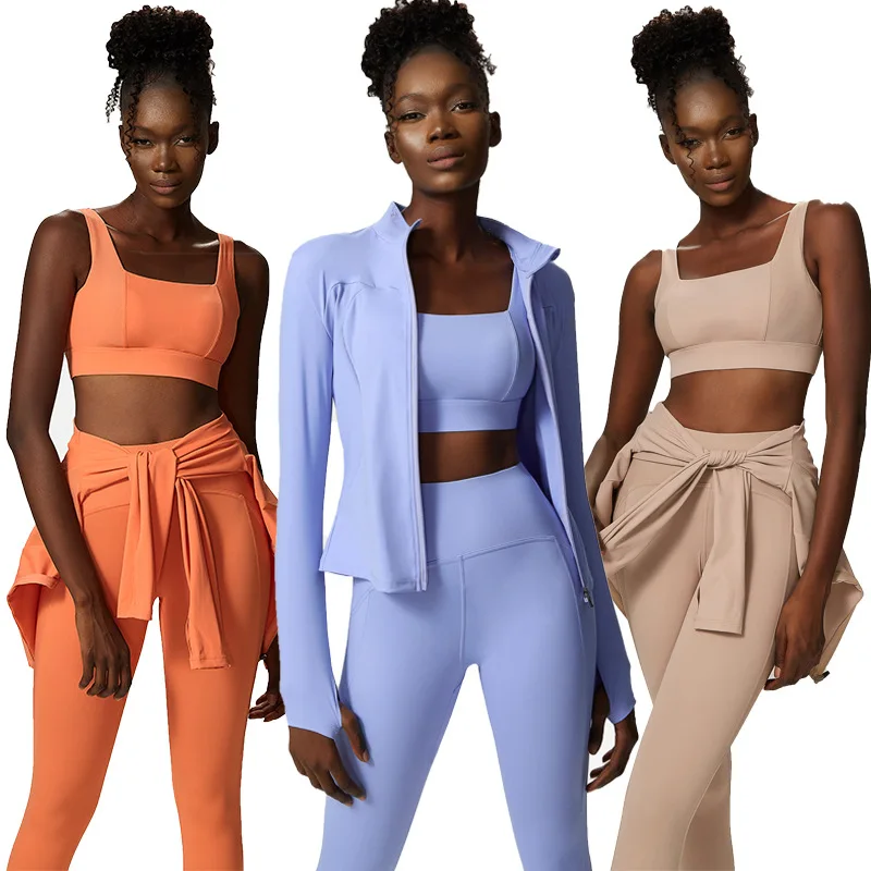 

High Elastic 3 Piece Long Sleeve Jacket Bra and Leggings Fitness Gym Active Wear Plus Size Yoga Sets Workout Clothing, Customized colors