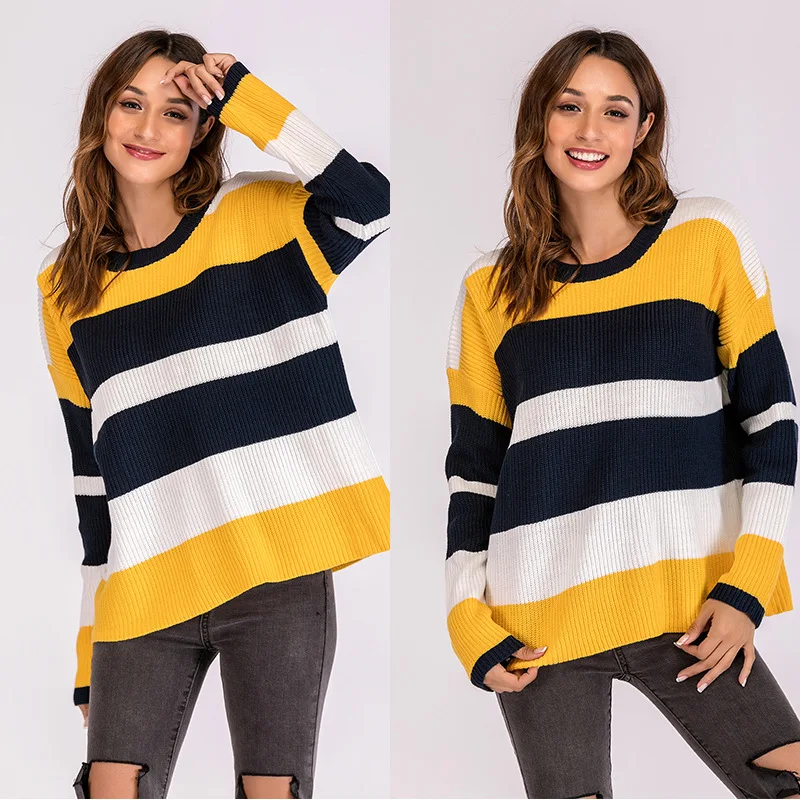 

new apparel hot sell round neck oversized striped women sweater top casual lady thin cotton jumper