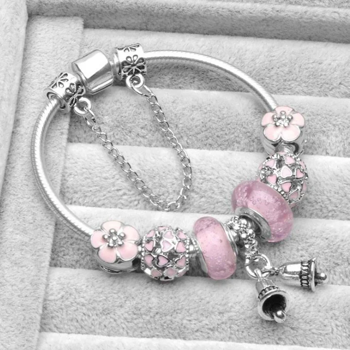 

New year Christmas bell pendant pink bead bracelet beaded cuff bracelet with charm