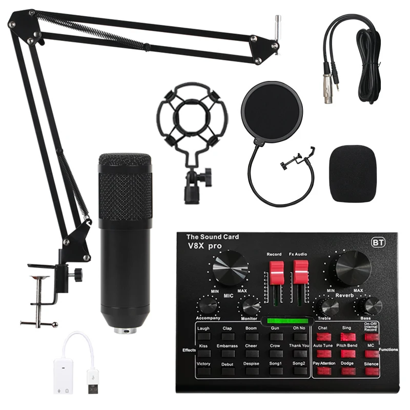 

BM 800 V8X Pro Condenser Microphone Mixer Audio Sound Card Live Broadcast MIC USB BT Recording Professional Game Microphone