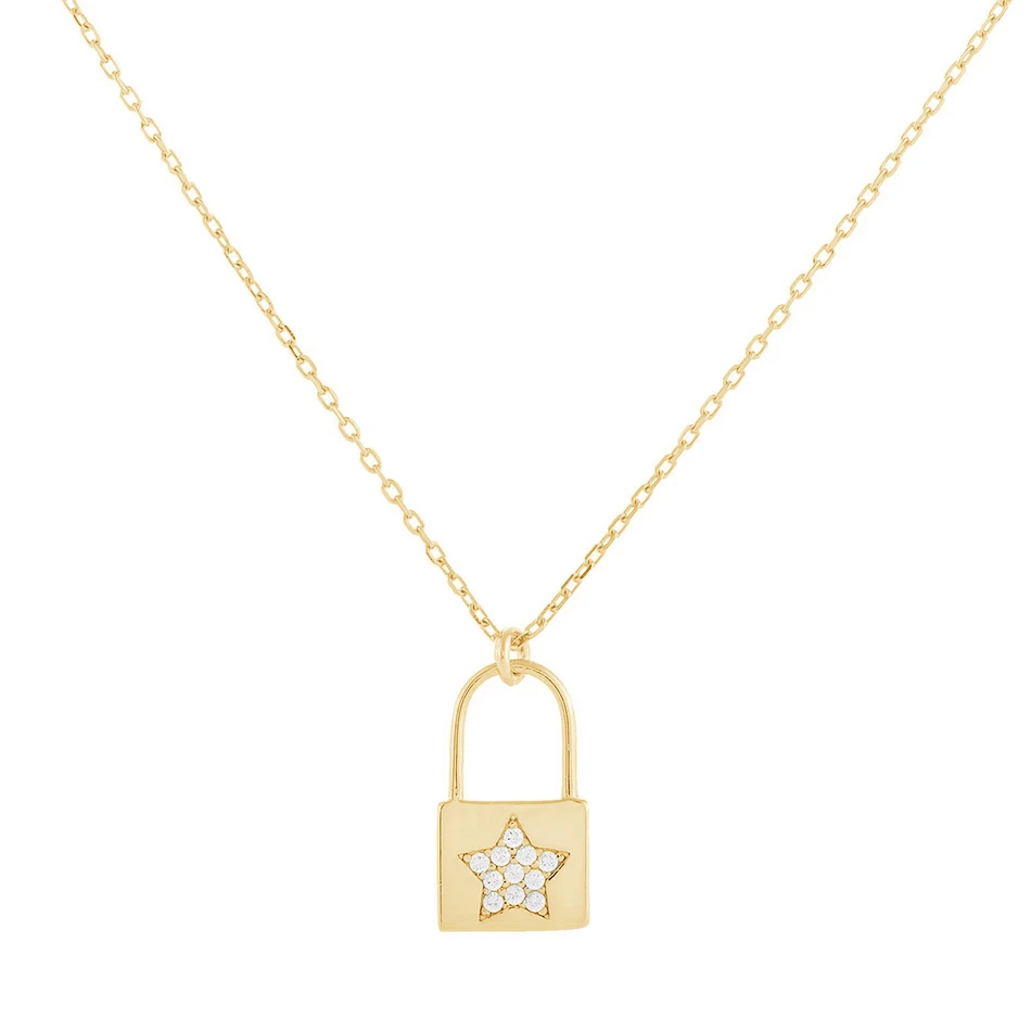 

fine necklace jewelry 18k gold plated 925 sterling silver pave star lock necklace for women gift