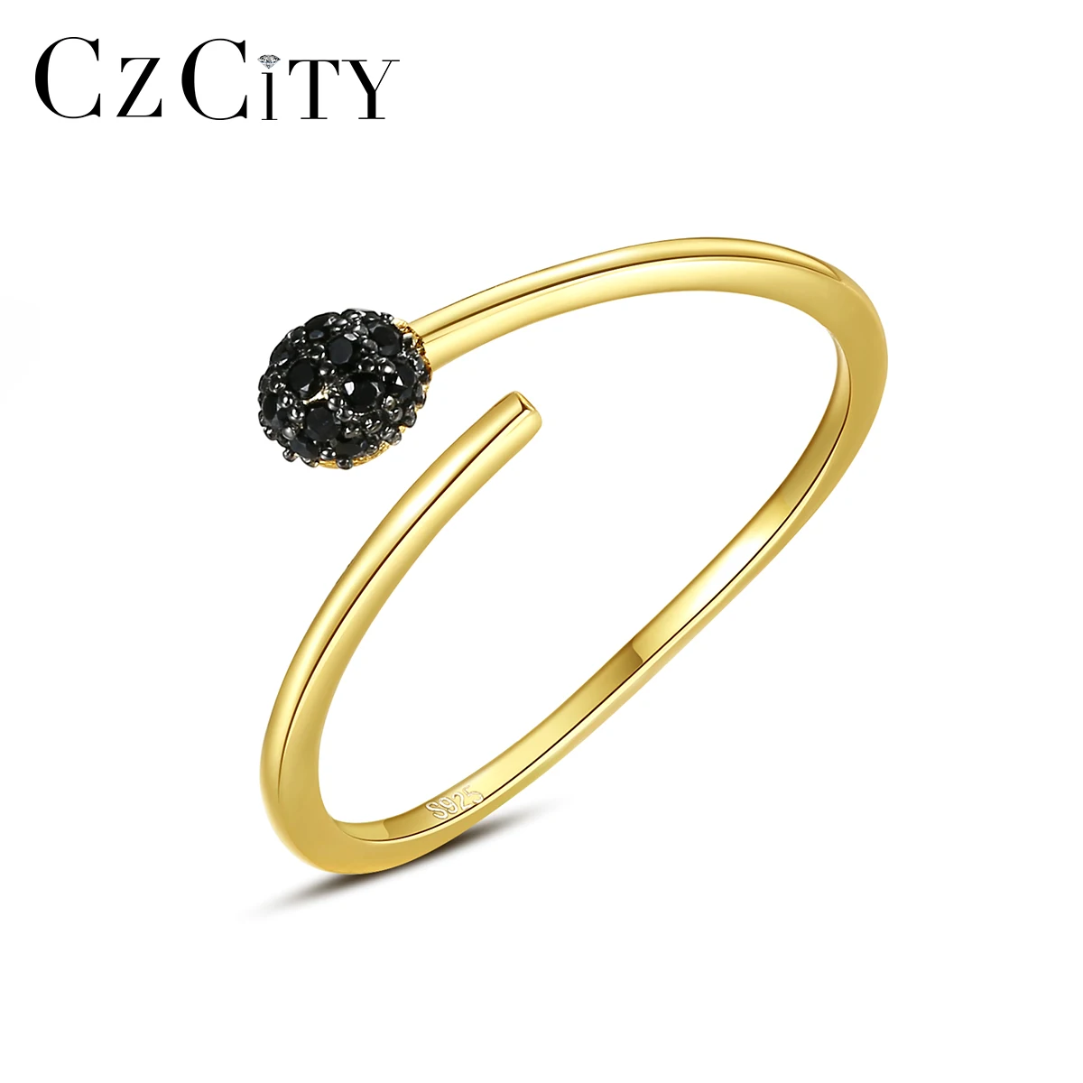 

CZCITY 925 Silver Jewelry Minimalist Black Zirconia Latest 14k Gold Cuff Open  Ring for Women Gift