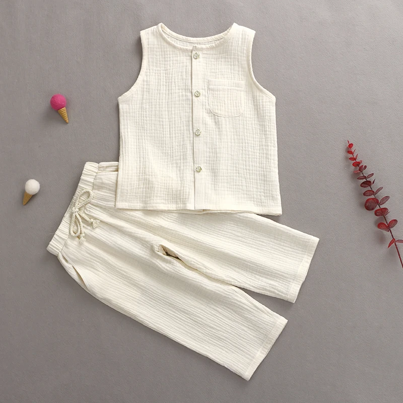 

Wholesale Baby Clothes Set Summer Set Muslin Fabric Solid Color Sleeveless Button Loose Leisure Baby Boy Clothing, Picture shows