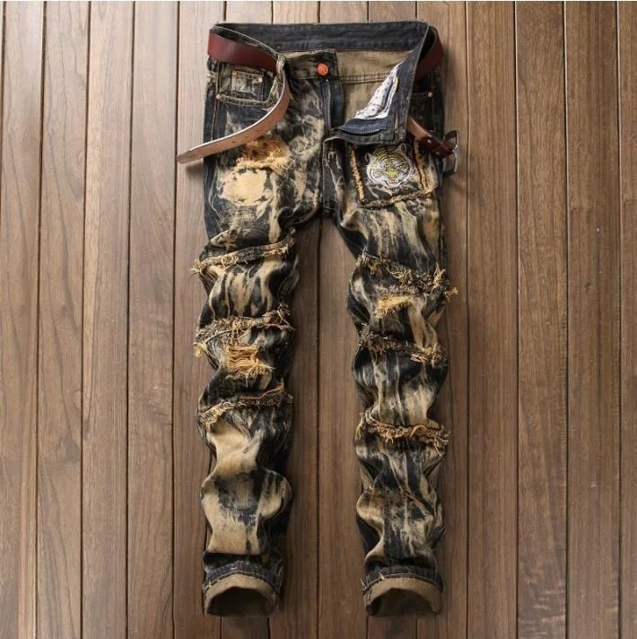

Voogue Embroidery Man Jeans Ripped Jeans Tiger Straight Skinny Jeans Vintage Pants