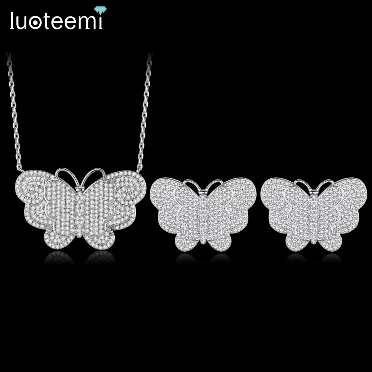 

LUOTEEMI Necklace Stud Earring Pendant Set Elegant Cubic Zirconia Trendy Accessories Earing Butterfly Jewelry