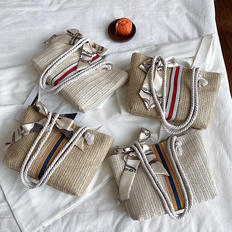 

Wholesale New Fashion Summer Vintage Rattan Straw Handbags Woman large capacity Casual Weave Canvas Tote Beach Bag, 4 colors