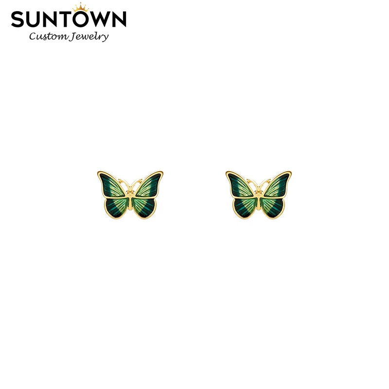 

SUNTOWN Wholesale Vintage s925 Post Green Butterfly Stud Opal Earrings Ear cuff Jewelry for Women Designer Orecchini, Green;white;black