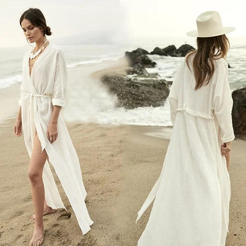 

RTS Wholesale beachwear women bikini crease cover up swimsuit large white beach dress