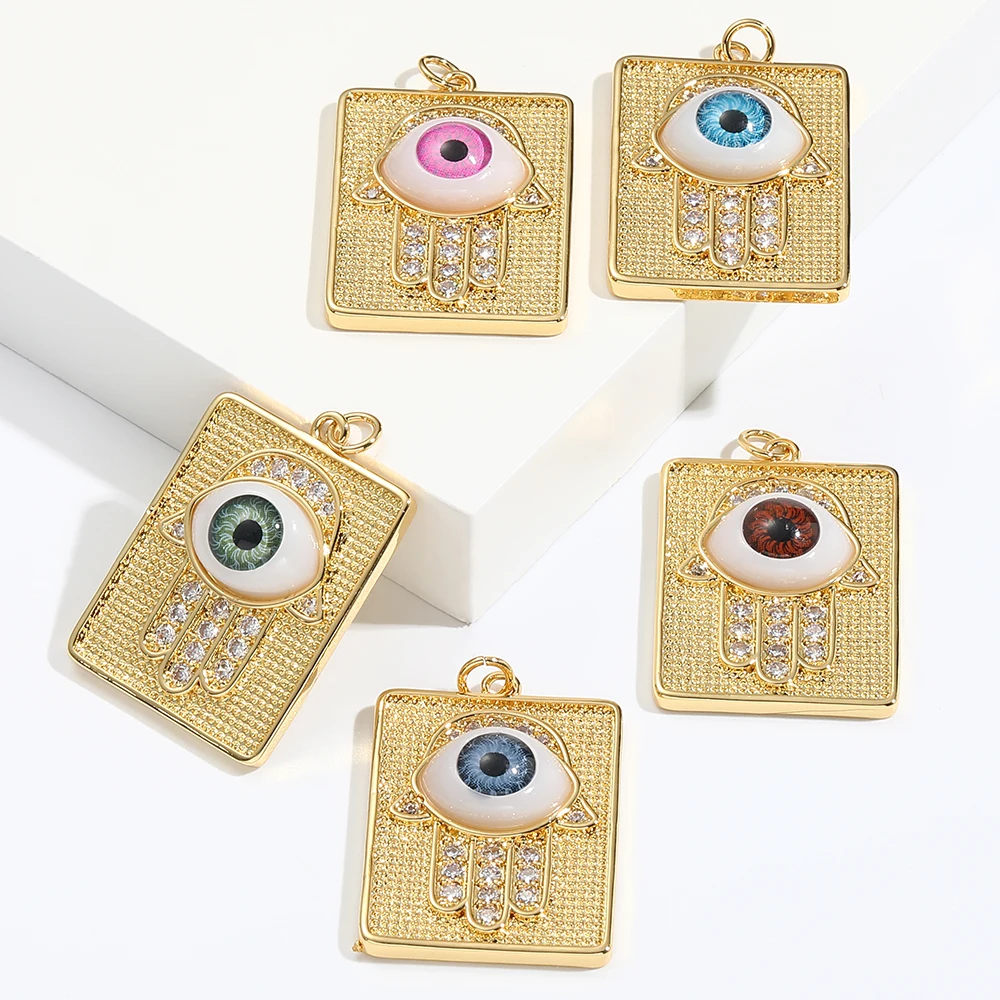 

Tarnish Free Gold Plated Body Jewelry Square Pendant Hand Evil Colorful Eye Charms For Jewelry Making Diy