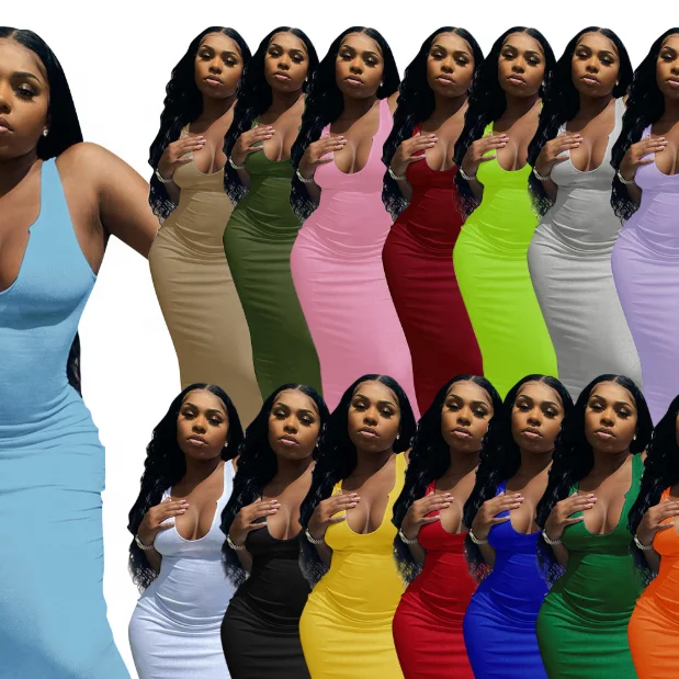 

Summer Women's Wear Sexy Solid Color Halter Vest With Deep V-neck Slim Figure One-piece Dress, 5 colors