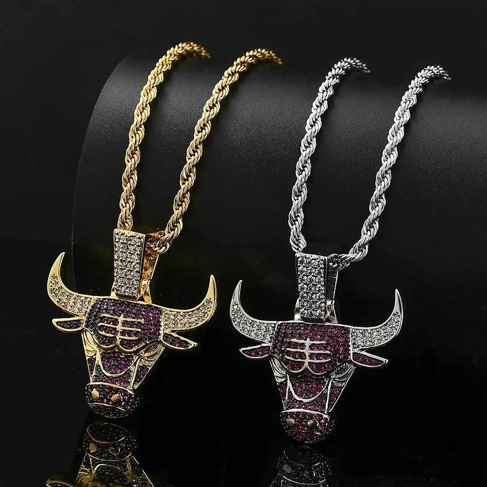 

N3008 Bling Iced Out Necklace Micro Pave Cubic Zircon Bull Head Pendant for Men Women Gifts Luxury Hip Hop Jewelry, Silver color