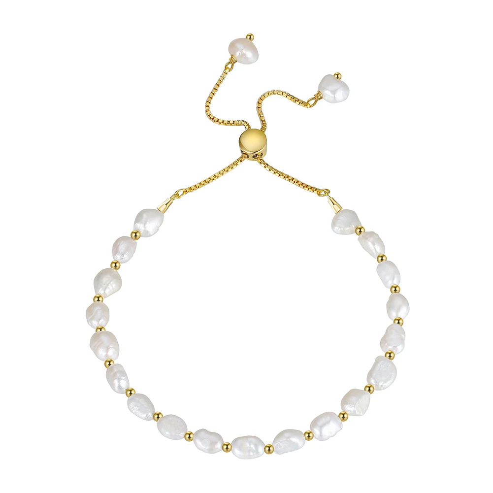 

GPB09 Dainty Valentine CharmHandmade Jewelry Silver Chain Link Baroque Culture Pearl 14K Gold Adjustable Bracelet for Women