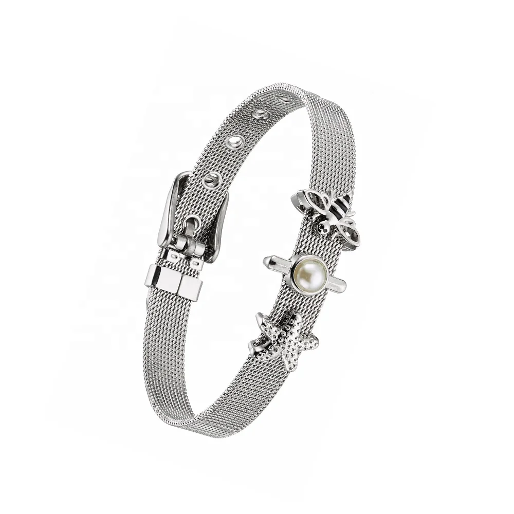 

Wholesale Adjustable Stainless Steel Slide Mesh Keeper Watch Strap Designer Bracelet Pearl Charms For Bangles Jwelery Women