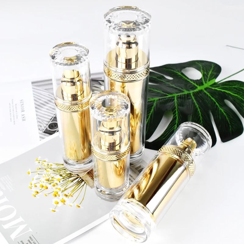 

Customized Luxury Gold Acrylic Cosmetic Packaging Set Moisturizer Cream Jar Spray Serum Mist Pump Bottle