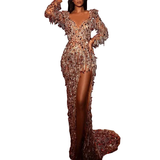 

Sexy V Neck Sequined Floor Length Long Sleeve Dress Bead Prom Dress For Ladies, Customized colors