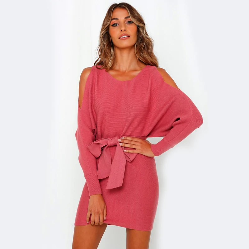 

Elegant Knitted Self Belted Cut Out Long Sleeve Fancy Womens Red Mini Dress, Red,gray,white