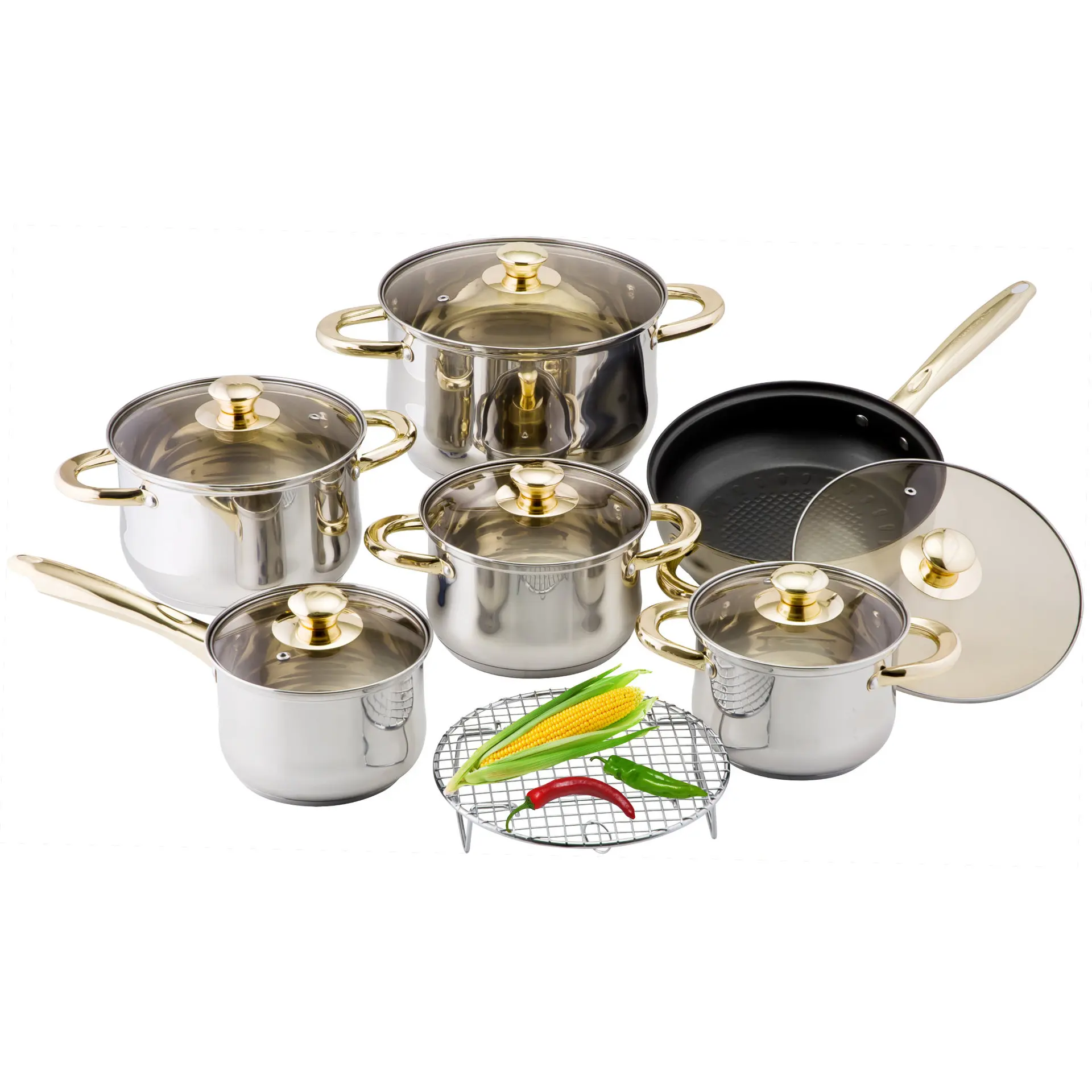 

12pc New arrive kitchen pans casserole stockpot non-stick pan Golden handle stainless steel cookware set with glass lid set