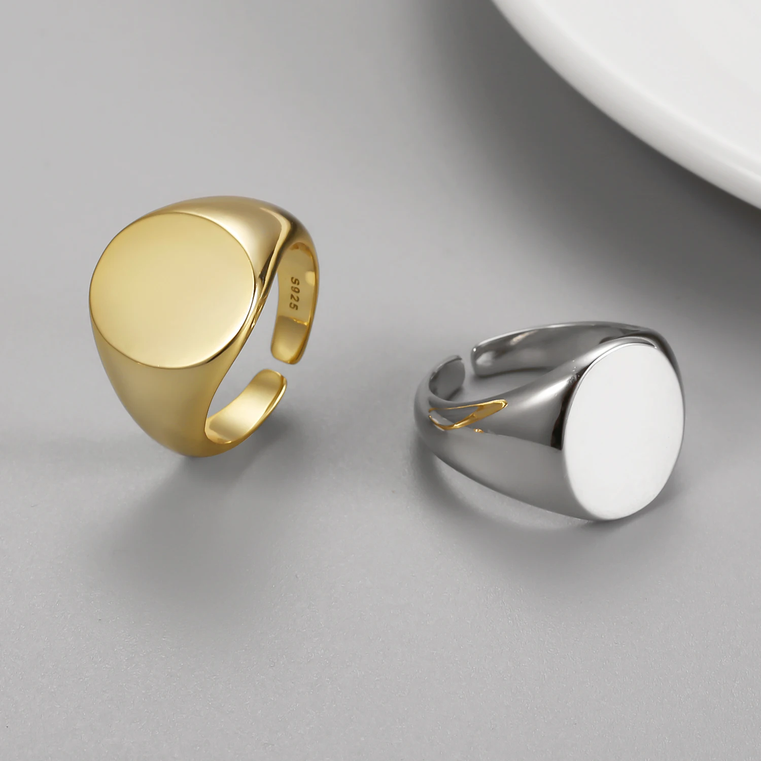 Fashion Jewelry Rings 925 Sterling Silver Wide-faced Plain Open Ring Round Glossy Surface Gold Plated Rings for Women