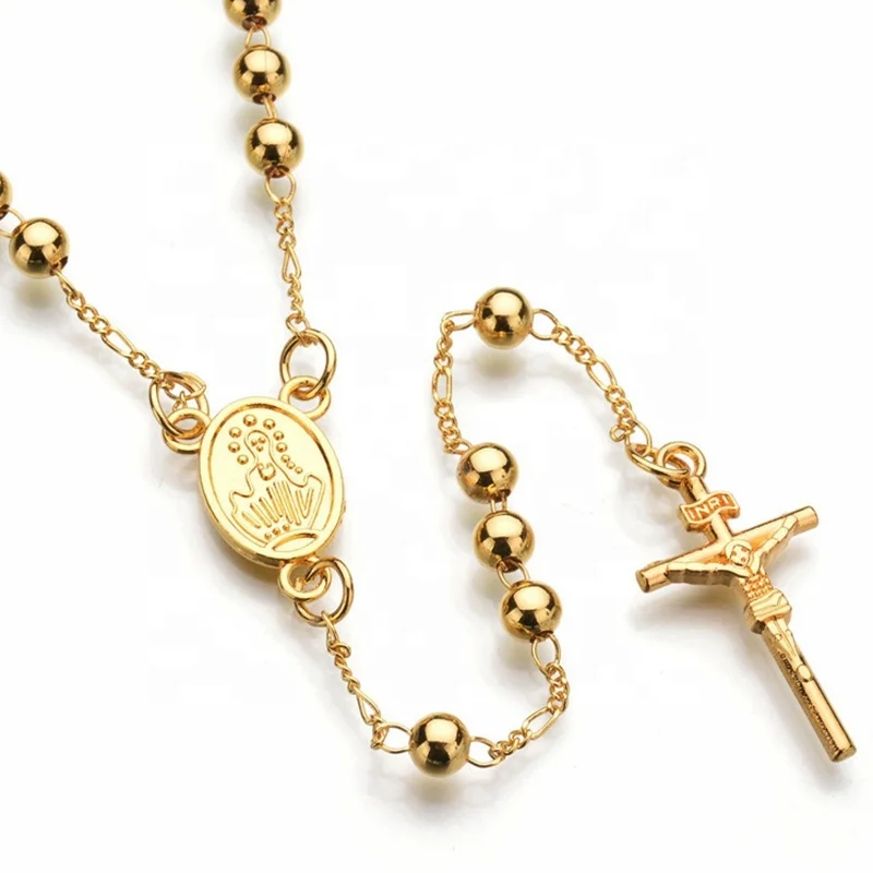 

Wholesale Fashion Religious Jewelry Necklace 18k Gold Plated Jesus On Cross Pendant Hiphop Rosary Necklace