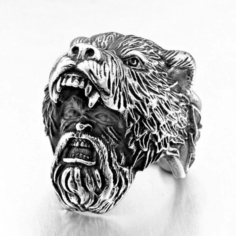 

VRIUA Wholesale Norse Viking Bear Man Ring Stainless Steel Jewelry Vintage Animal Skull Celtic Knot Biker Mens Ring, Sliver