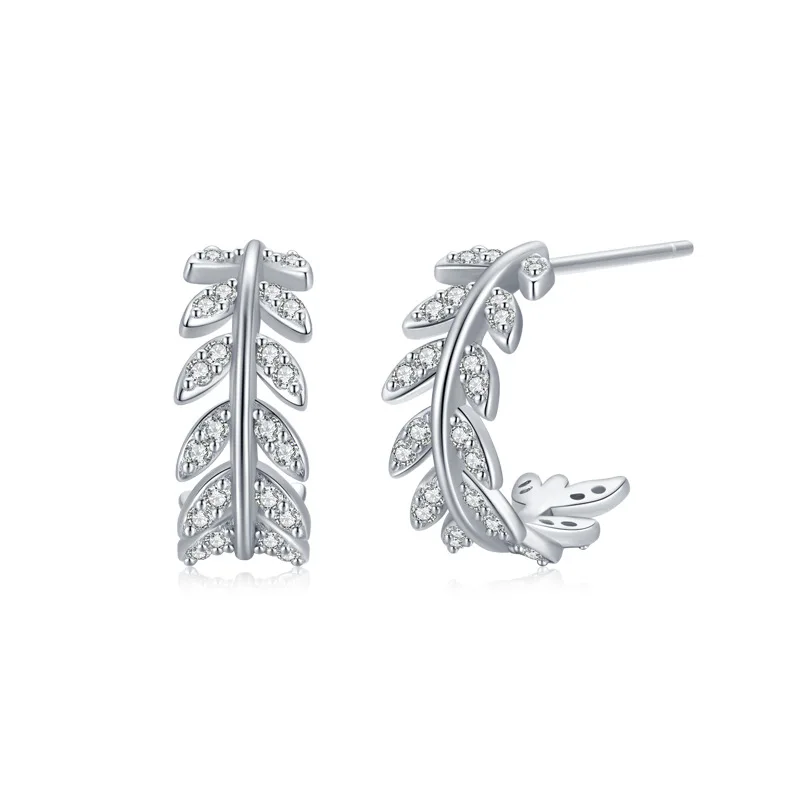 

925 sterling silver european jewelry full diamond shinny C shaped leaf earrings, White gold