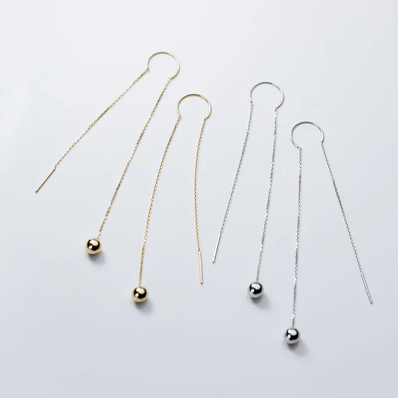 

925 Sterling Silver Round Beads Long Drop Earrings For Women Wholesale Silver Jewelry