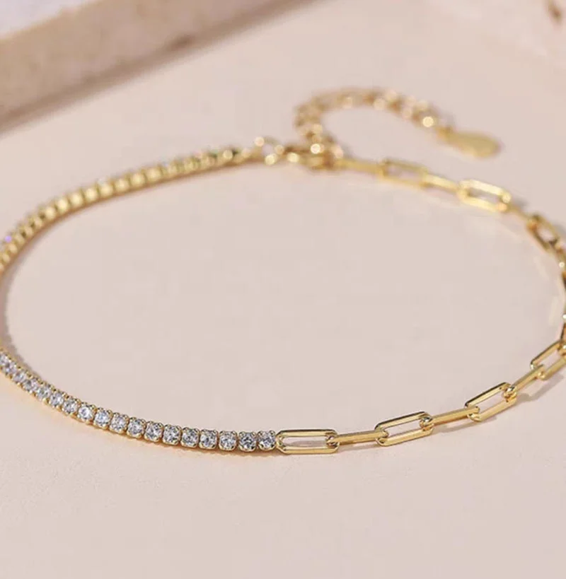 

Wholesale fashion jewelry 925 sterling silver paper clip link chain bracelet gold plated CZ tennis bracelet