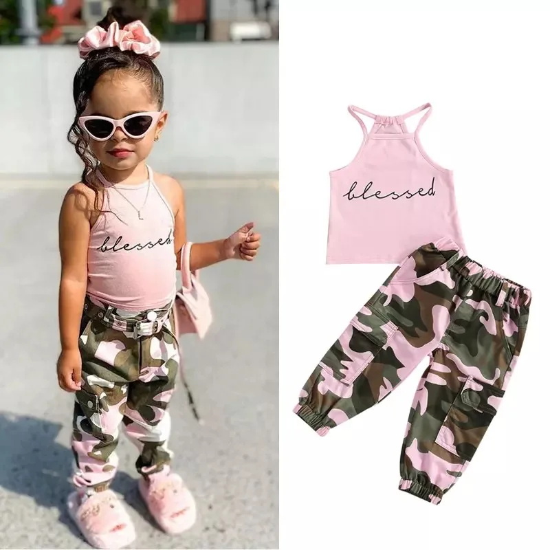 

New Boutique summer toddler Girls 2 pcs clothing set letter printed sleeveless top + camouflage pants Clothing Set for kids, Picture shows