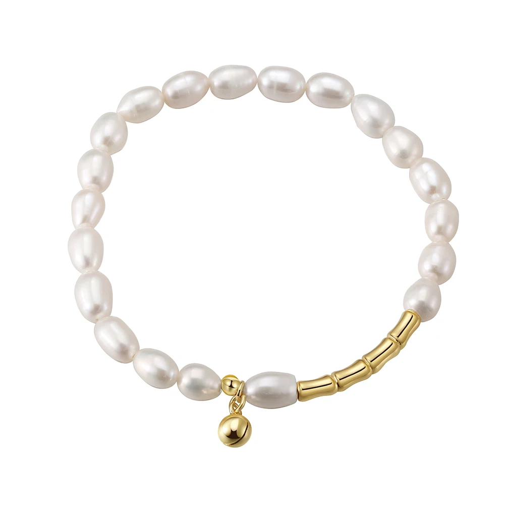 GPB18 RINNTIN 14K Gold Bamboo Chain Cultured Freshwater Pearl Bracelet 925 Sterling Silver Fine Jewelry Bracelets for Women