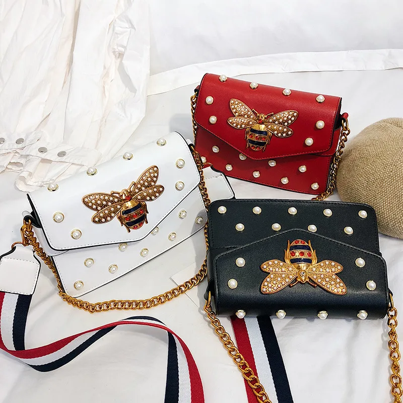

Famous Brand Rivet Pearls Shoulder Bag Luxury Designer Bee Pattern Bags Chain Square Totes Women Crossbody Bolsa New Small Purse