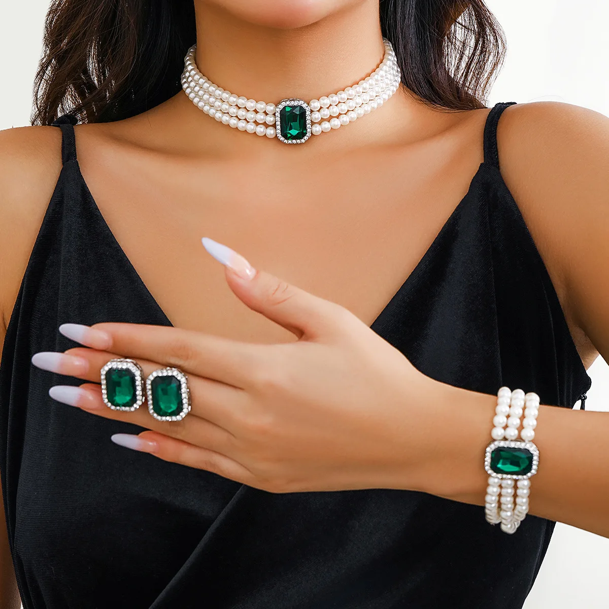 3pcs Rhinestone Chain Pearl Sets Necklace Earring Ring Bracelet Wedding Bridal Jewelry Set for Women Gifts