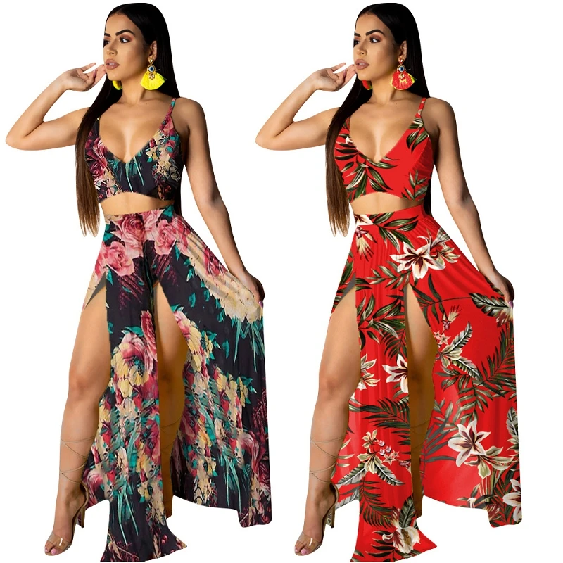 

Sexy Printing Two Piece Dress Set Summer Casual Clothes V-neck Tops Floral Print Long Dress Women Clothing