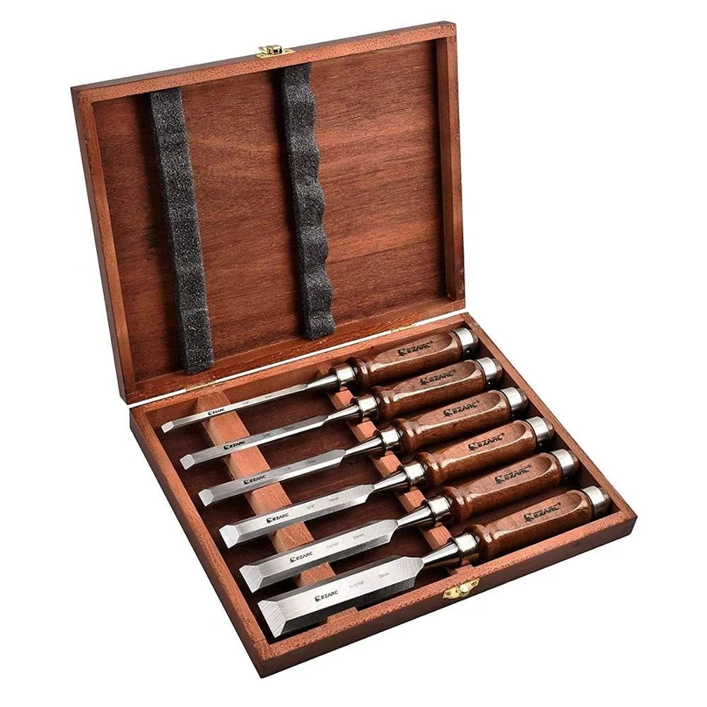 
6pc Wood Chisel Set for Woodworking - CRV Steel with Black Walnut Handle in Wood Storage Box 