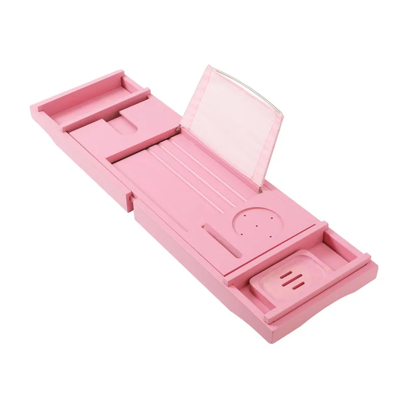 

High Quality Bamboo Pink Color Extendable Bathtub Caddy Tray For Bathroom Shelf