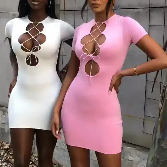 

FS2915D women sexy Short sleeve hollow out mini bodycon dress