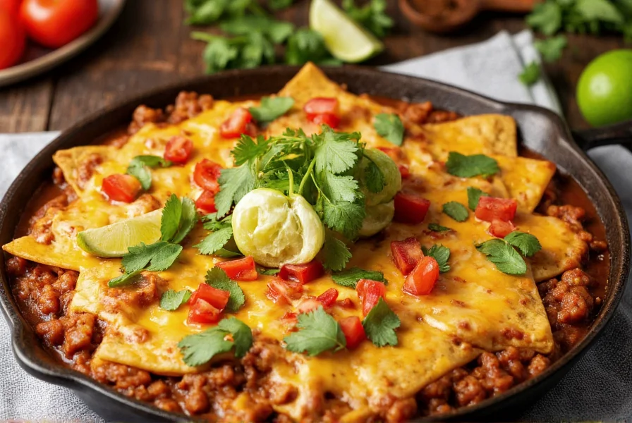 Chili nachos served in a cast iron skillet with melted cheese, fresh cilantro, diced tomatoes, and lime wedges arranged for a family dinner