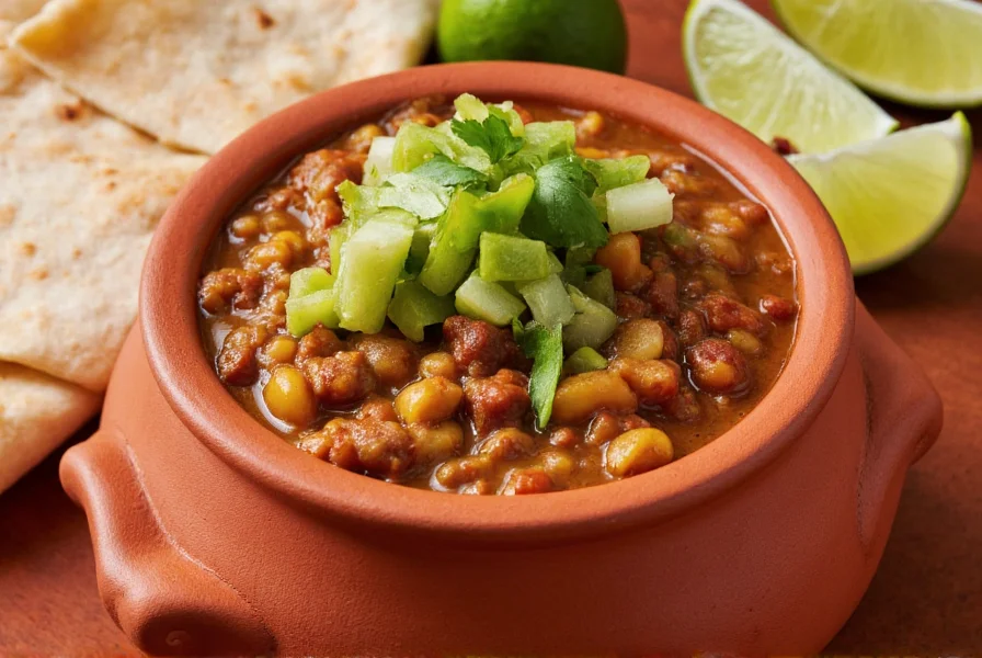 Chili verde served in traditional Mexican clay bowl with tortillas and lime wedges