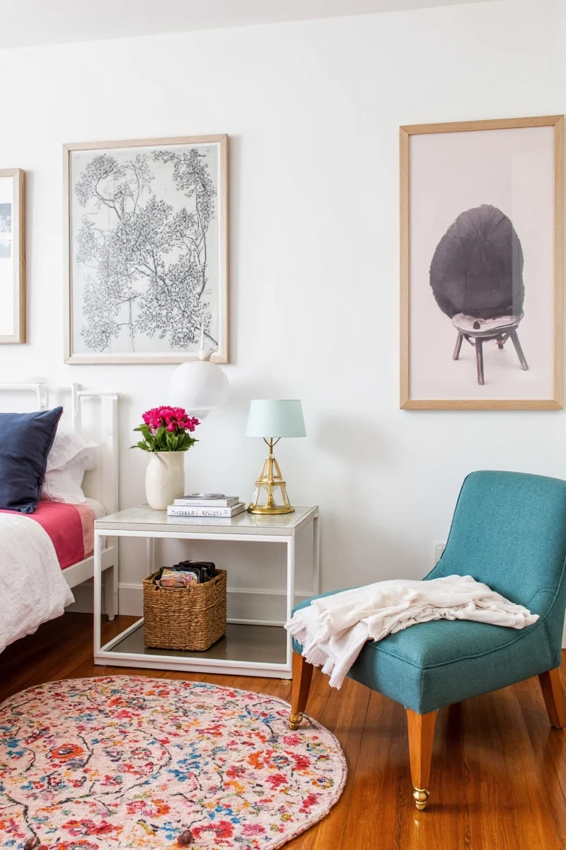 DIY pallet wood headboard paired with string lights in a small room