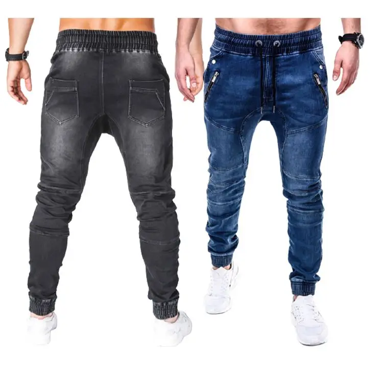 

Mens elastic waist zipper pocket Washed Ripped Distressed Tapered stretch slim street tight skinny Pencil COTTON jean denim pant, 2 colors