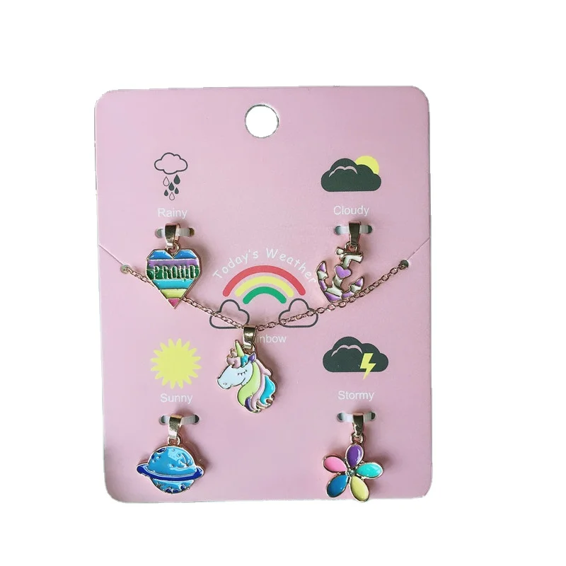

Fashion Gold 5 Charms In 1 Cute Cartoon DIY Necklaces Sets Custom Children Girls Heart Unicorn Pendent Kids Jewelry, Multi