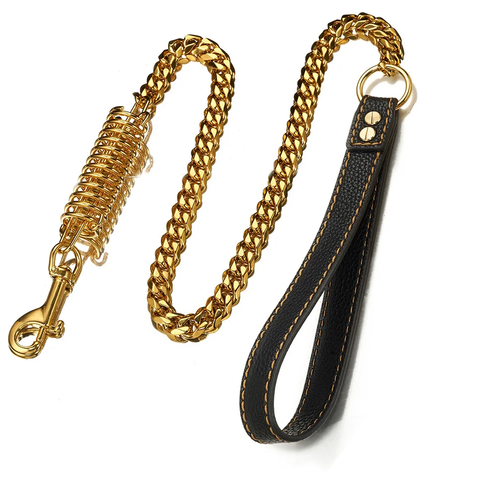 

15MM Stainless Steel Dog Leash Cuban Chain Pet Leash Golden Spring Dog Leash