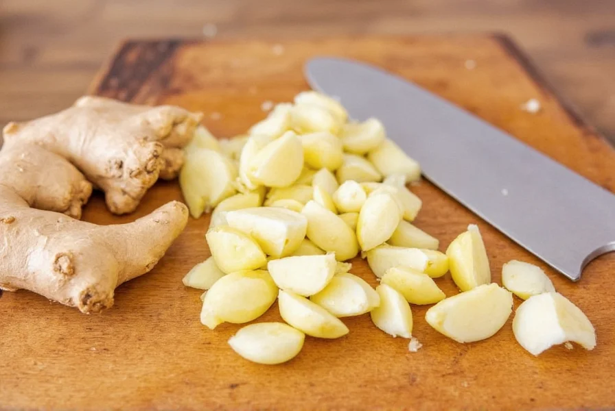 Fresh ginger root and garlic cloves being peeled and chopped on wooden cutting board for ginger garlic sauce preparation