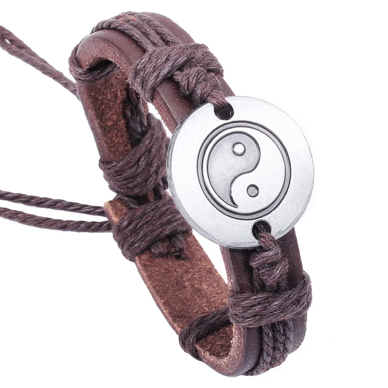 

Yin Yang Tai Chi Charm Bracelets Vintage Retro Punk Adjustable Woven Braided Leather Cuff Bracelet For Men